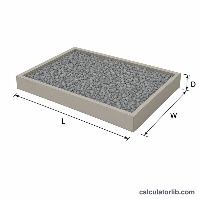 Zone de gravier rectangulaire indiquant les dimensions de longueur, largeur et profondeur