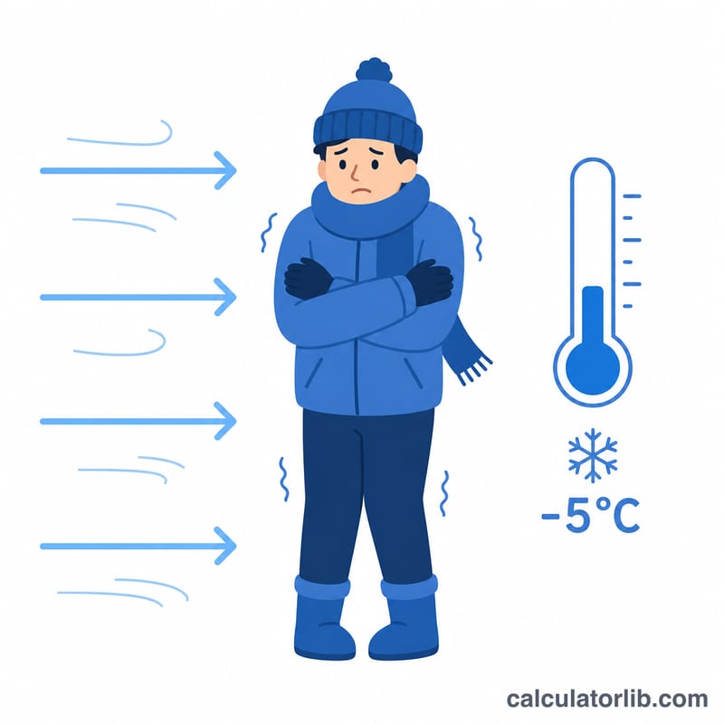 Person in cold wind with thermometer showing low temperature
