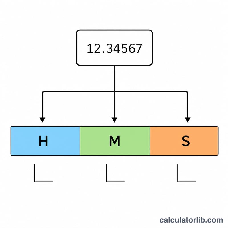 Diagram splitting a decimal hours value into hours, minutes and seconds
