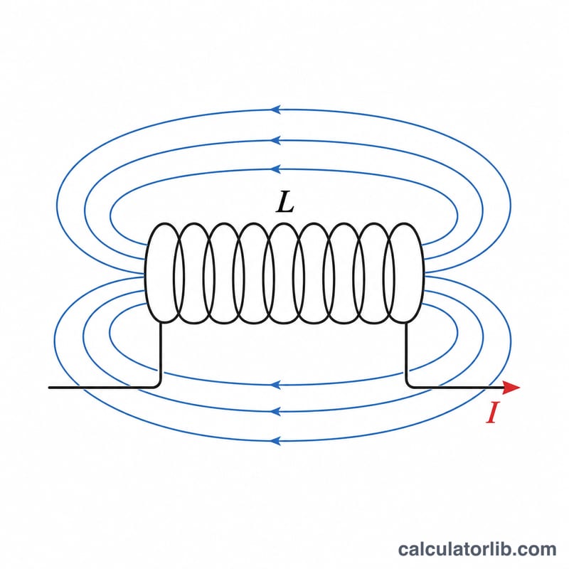 Bobine d'inductance parcourue par un courant et entourée d'un champ magnétique, marquée L et I