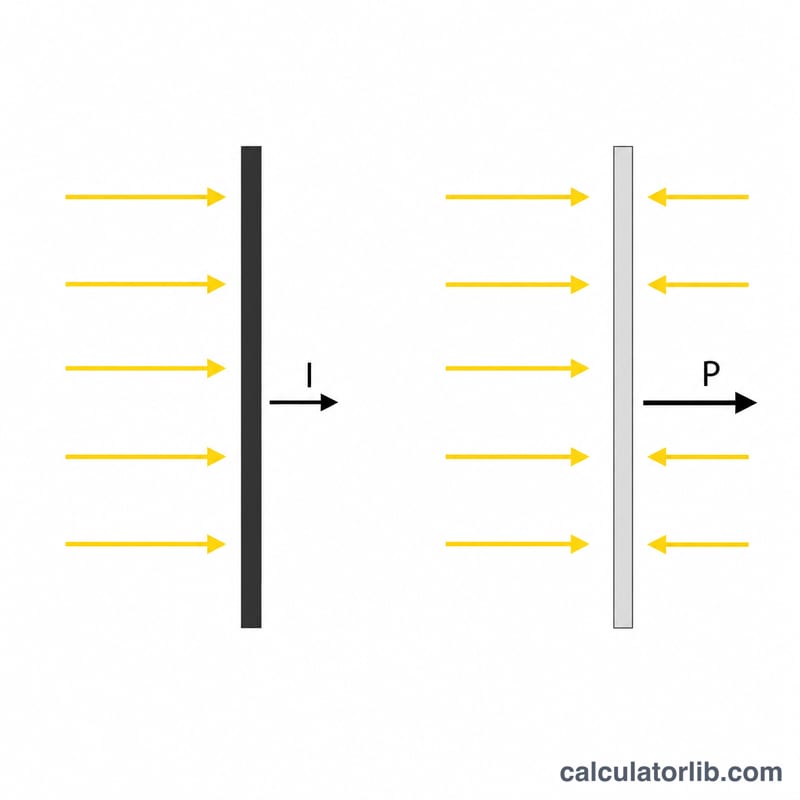 Fotones golpeando una superficie absorbente frente a reflejarse en una superficie de espejo, mostrando la transferencia de momento