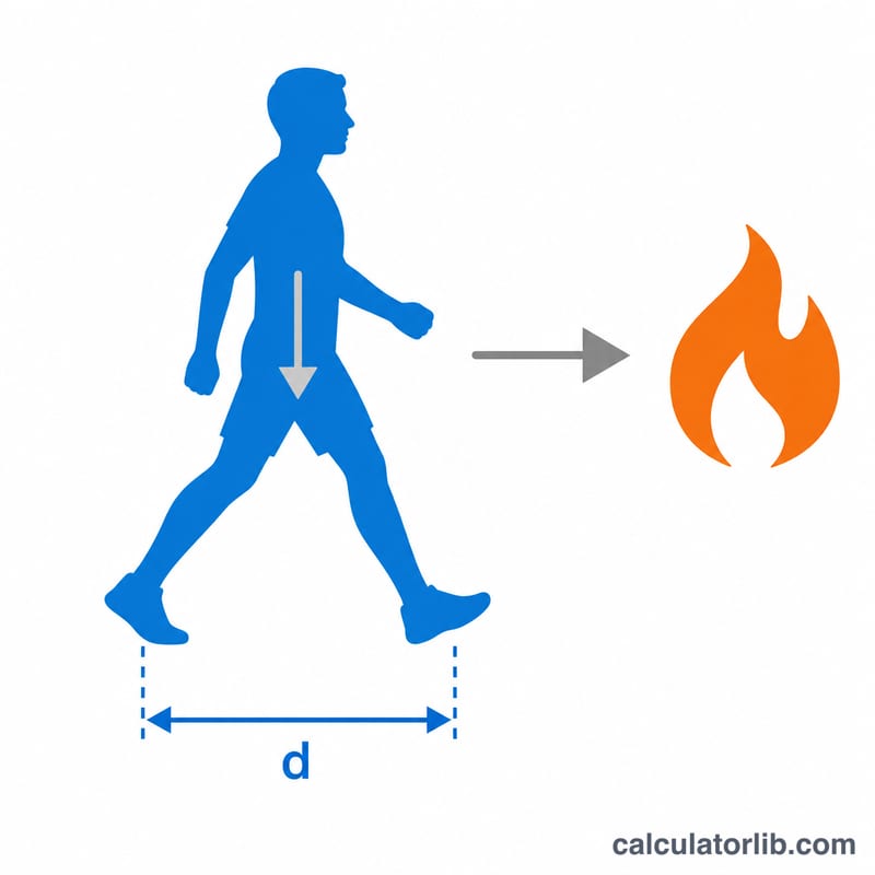 Diagram showing a walking stride with body weight and stride length labeled feeding into a calorie value