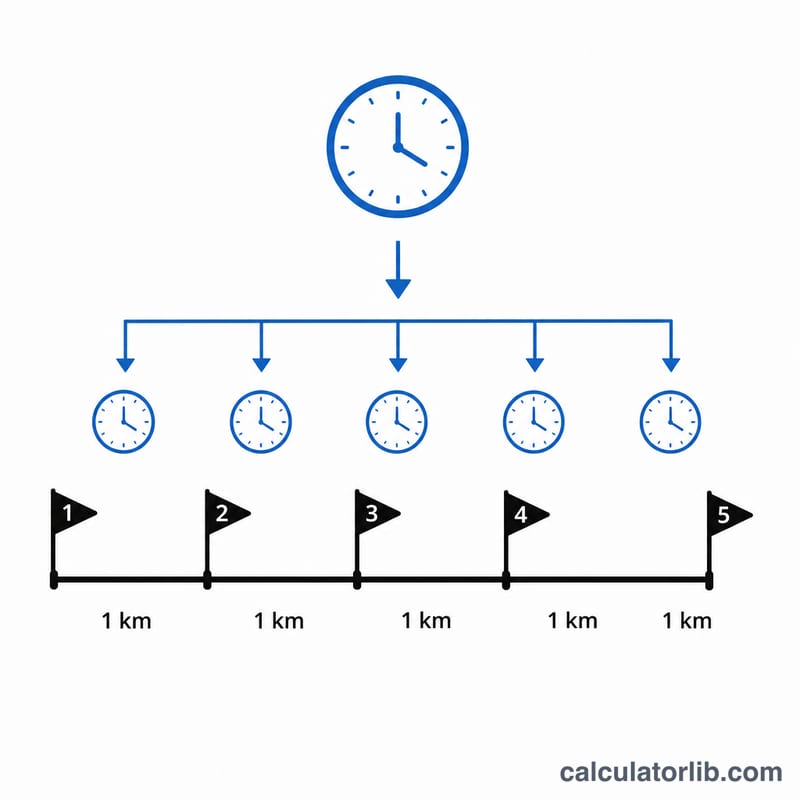 Diagram showing total time divided across a 5 kilometer course to give pace per kilometer