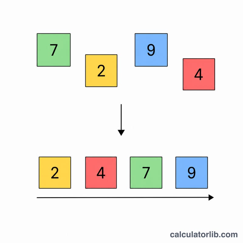 未整列の数字が矢印に沿って小さい順に並べられている様子