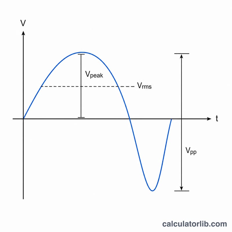 Sine wave with peak, peak-to-peak and RMS levels marked