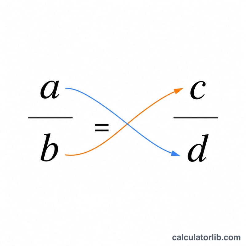 تناسب A على B يساوي C على D مع أسهم الضرب التبادلي تربط A-D و B-C