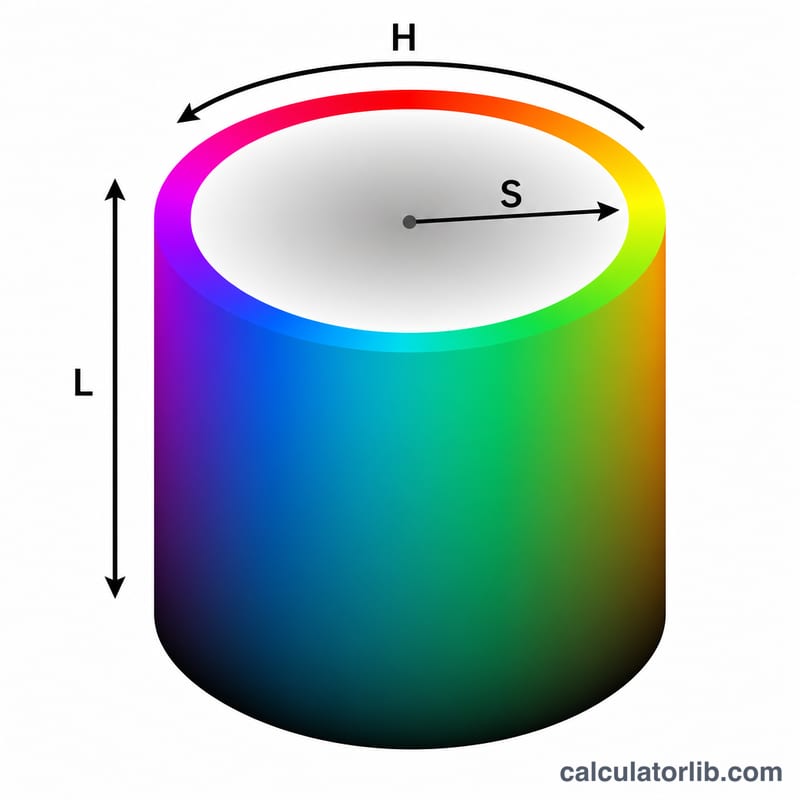 HSL color model shown as a cylinder with hue around the circumference, saturation along the radius and lightness up the vertical axis