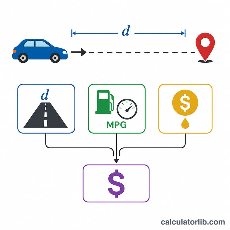 Flat diagram showing distance, MPG, and gas price combining into total trip fuel cost