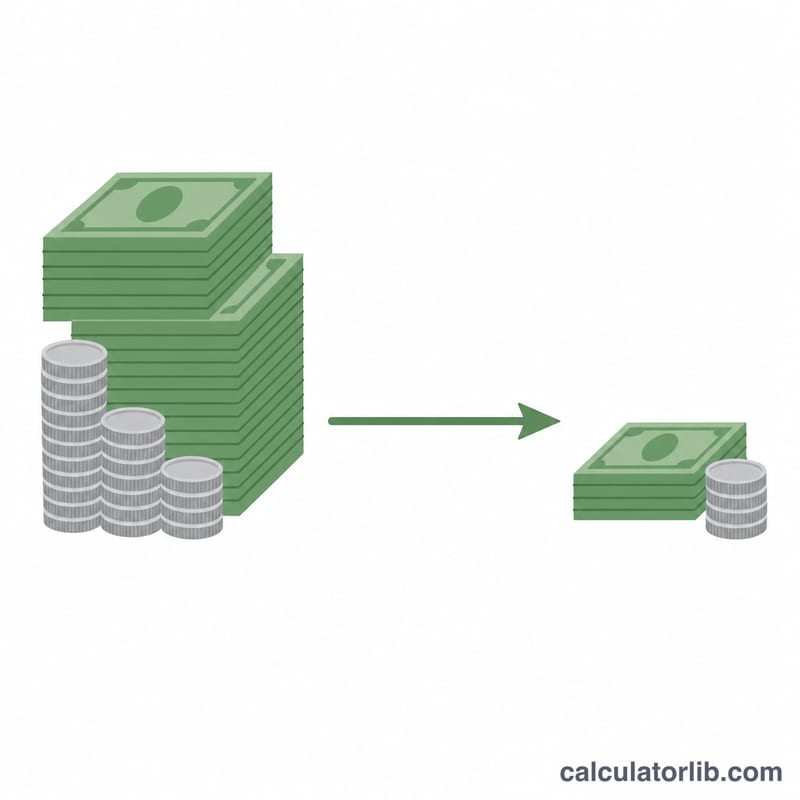 A pile of cash shrinking in size across an arrow pointing forward in time