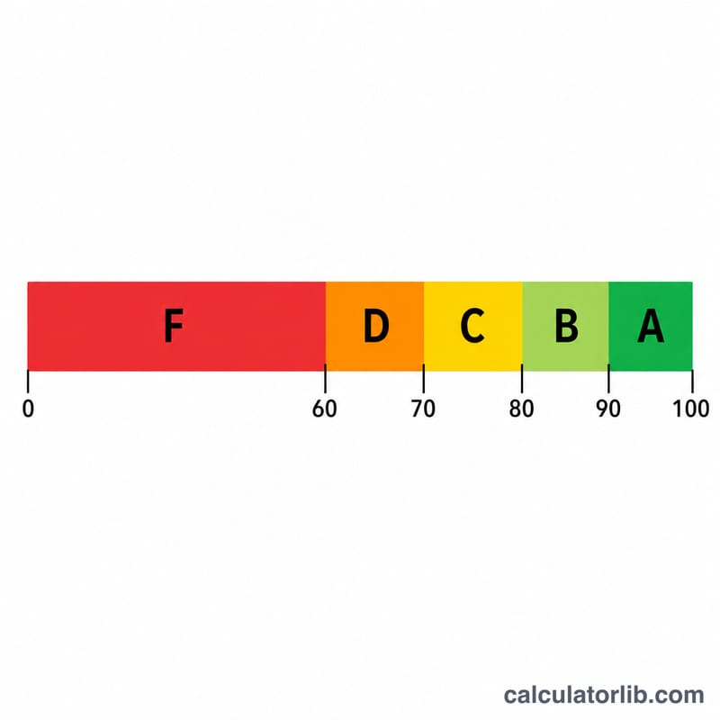 Number line from 0 to 100 split into grade bands F, D, C, B, A at 60, 70, 80, 90