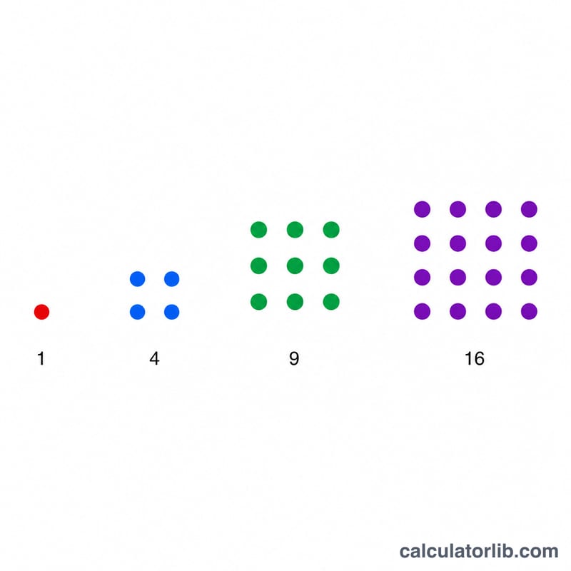 Grid of dots arranged into squares of increasing size representing 1, 4, 9 and 16