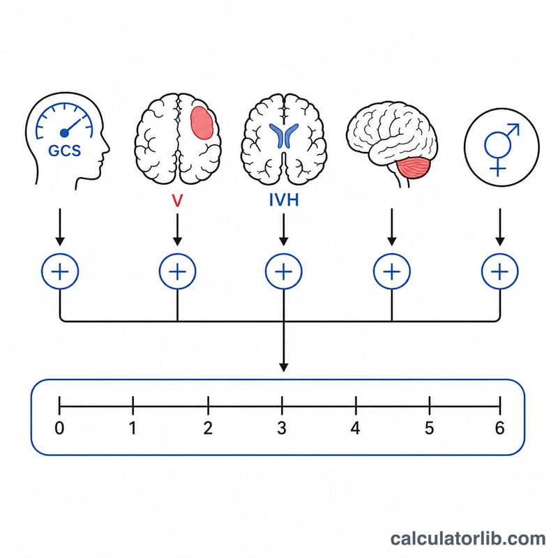 重み付けされた5つの項目が0から6までの単一のICHスコアにまとまる様子