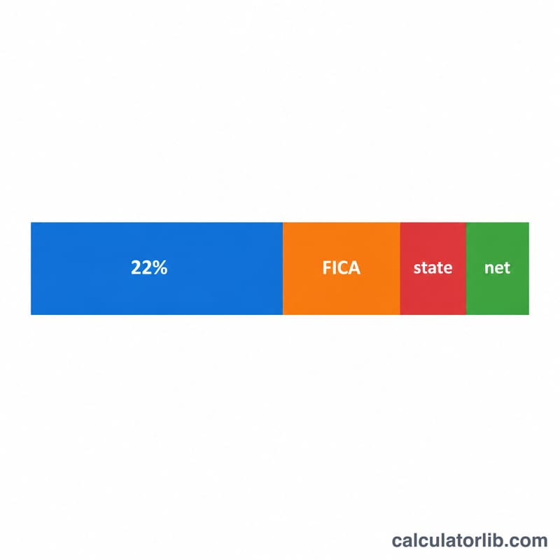 Stacked horizontal bar showing a gross bonus split into federal, FICA, state tax, and net take-home portions