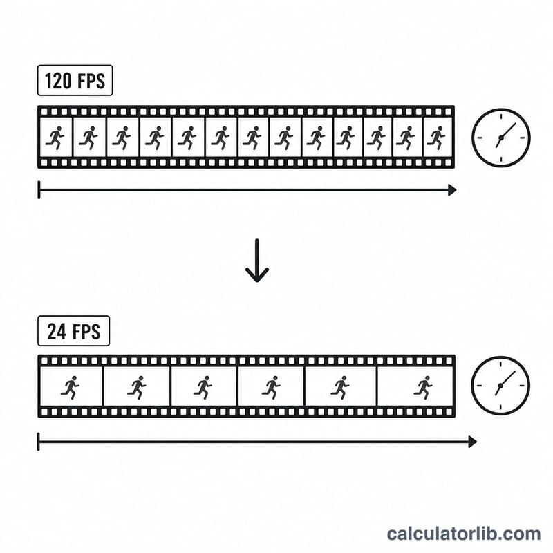 Diagram showing densely captured high-FPS frames stretched over a longer playback timeline
