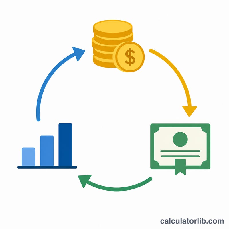 Diagram showing dividends being reinvested to buy more shares in a repeating cycle