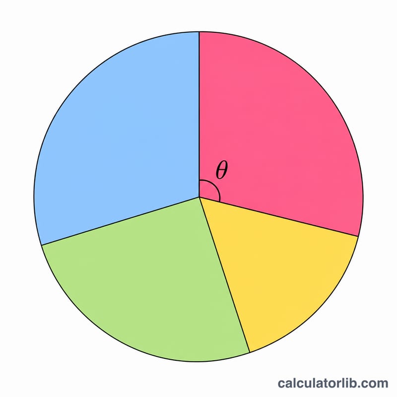 Pie chart with one highlighted wedge showing its central angle theta measured from the center