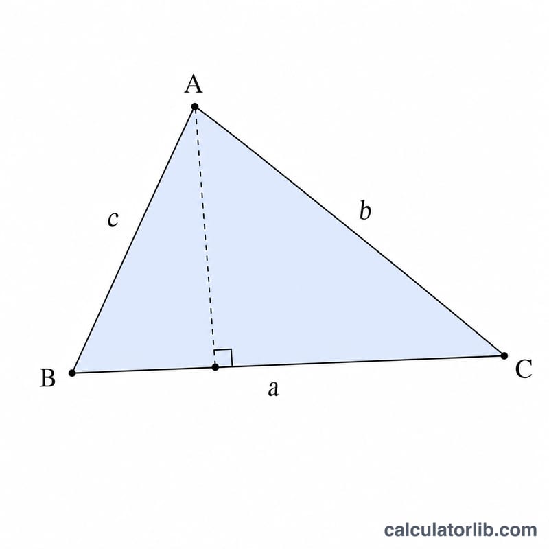 Triangle with sides a, b, c, vertices A, B, C and a dashed altitude