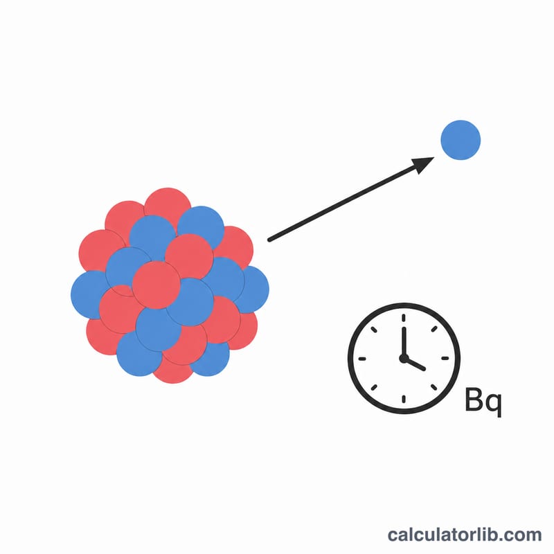 Diagram showing one radioactive nucleus emitting a particle, labeled as one decay per second equals one becquerel