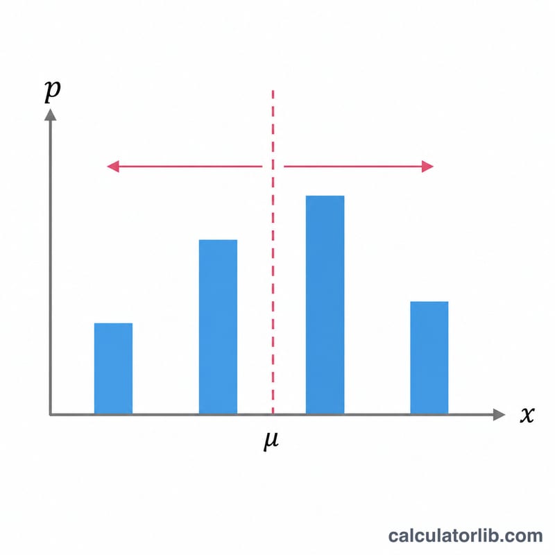 Bar chart of a discrete probability distribution with mean line and spread arrows