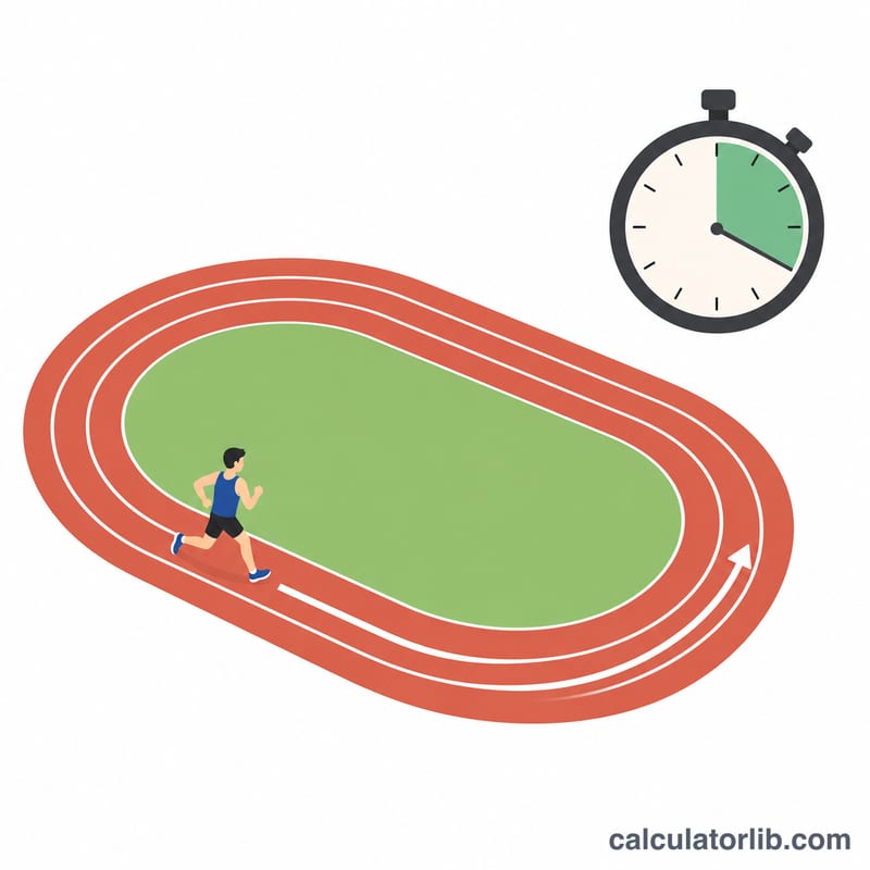 Runner on an oval track with a 12-minute stopwatch and a distance arrow along the track