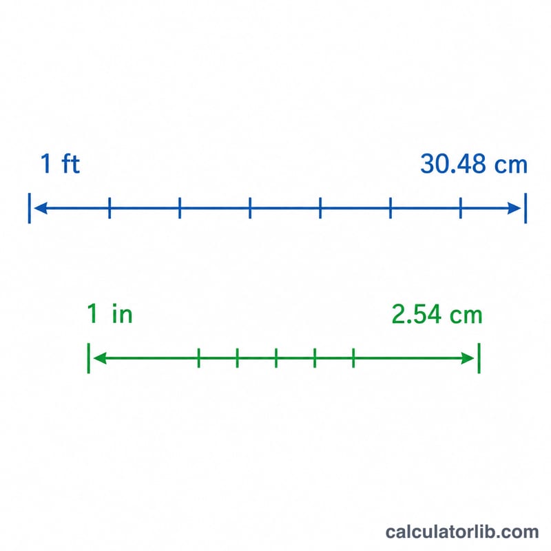 Diagram showing one foot equals 30.48 centimeters and one inch equals 2.54 centimeters