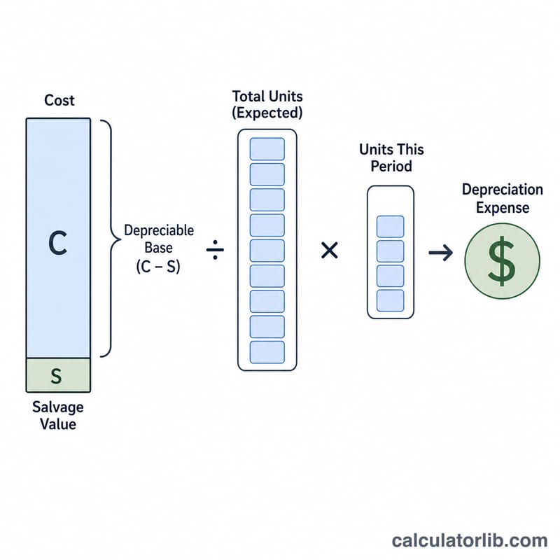 Diagram showing cost minus salvage divided by total units times units this period equals depreciation expense