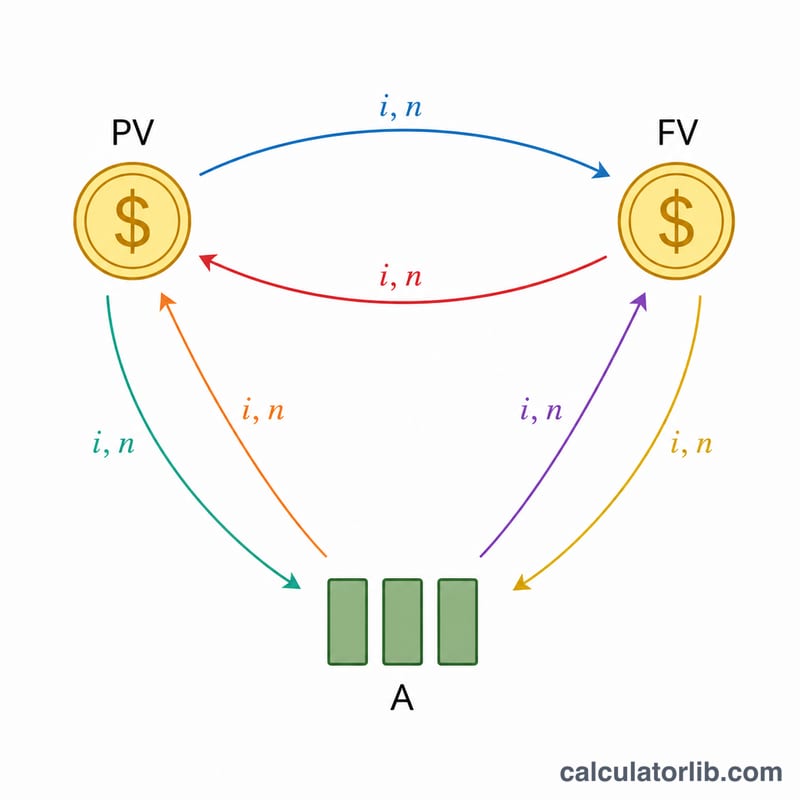 Diagram showing six time-value-of-money factors as conversions between a single present sum, a single future sum, and a series of equal payments