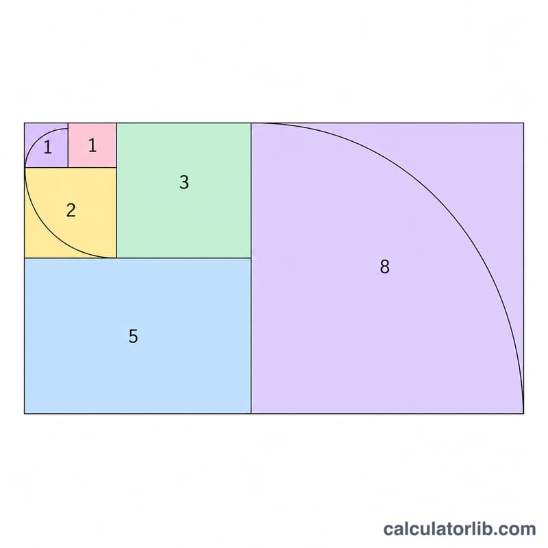 Fibonacci sequence as a row of squares whose side lengths grow following the Fibonacci numbers, with a spiral arc through them