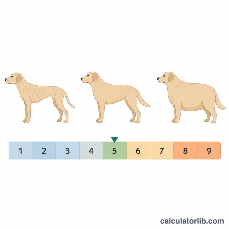 Side-view chart of a dog at low, ideal, and high body condition with a 1 to 9 scale
