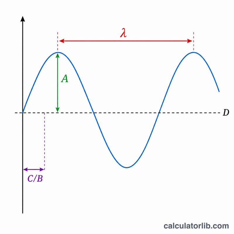 Annotated sine wave showing amplitude, period, midline, and phase shift