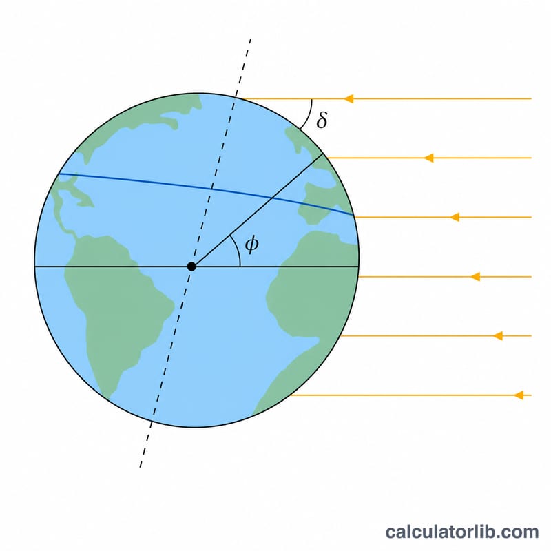 Diagram of Earth tilted on its axis with sun rays, showing latitude angle phi and solar declination angle delta