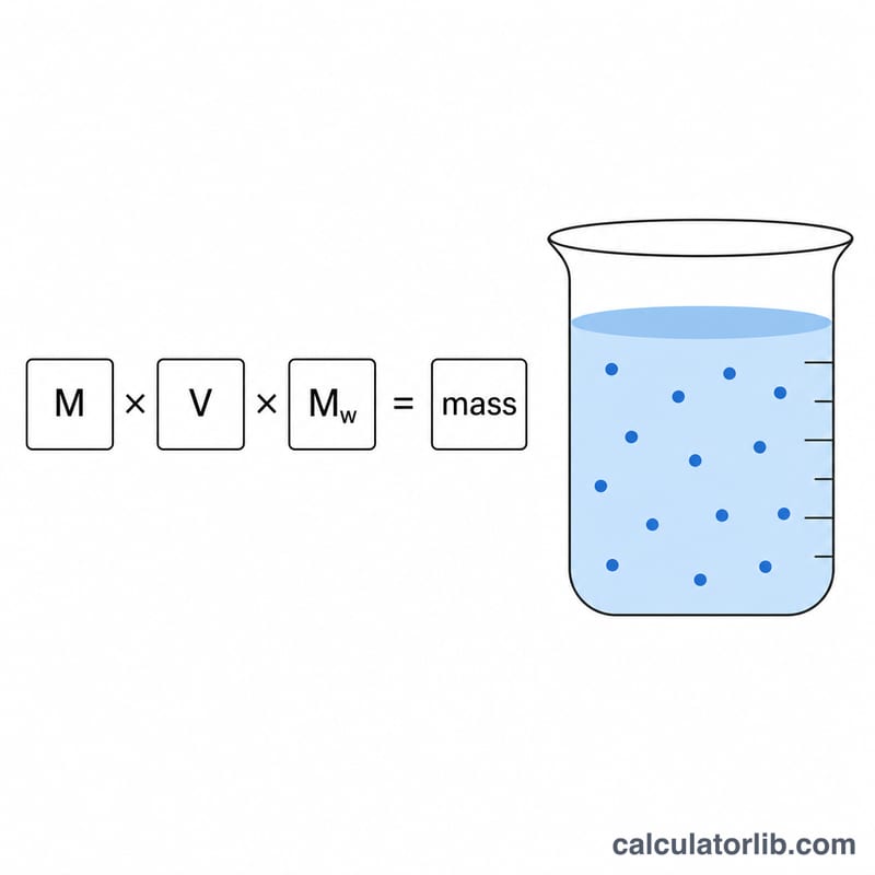 Diagram showing mass equals molarity times volume times molar mass with a beaker of stock solution