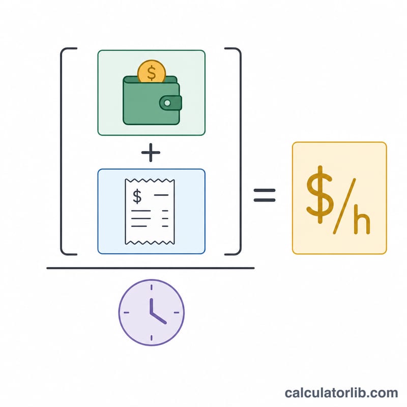 Diagram showing desired income plus expenses divided by billable hours equals hourly rate