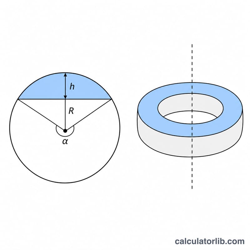 Circular segment defined by chord, radius R, and height h, revolved around an external axis to form a ring-shaped solid
