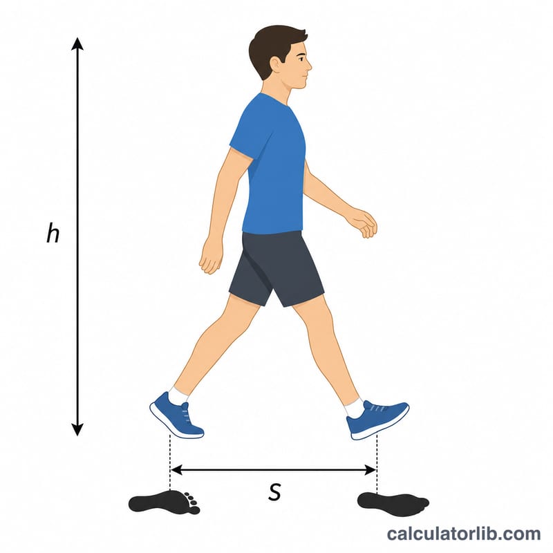 Diagram showing a walking figure with stride length measured between footprints and body height