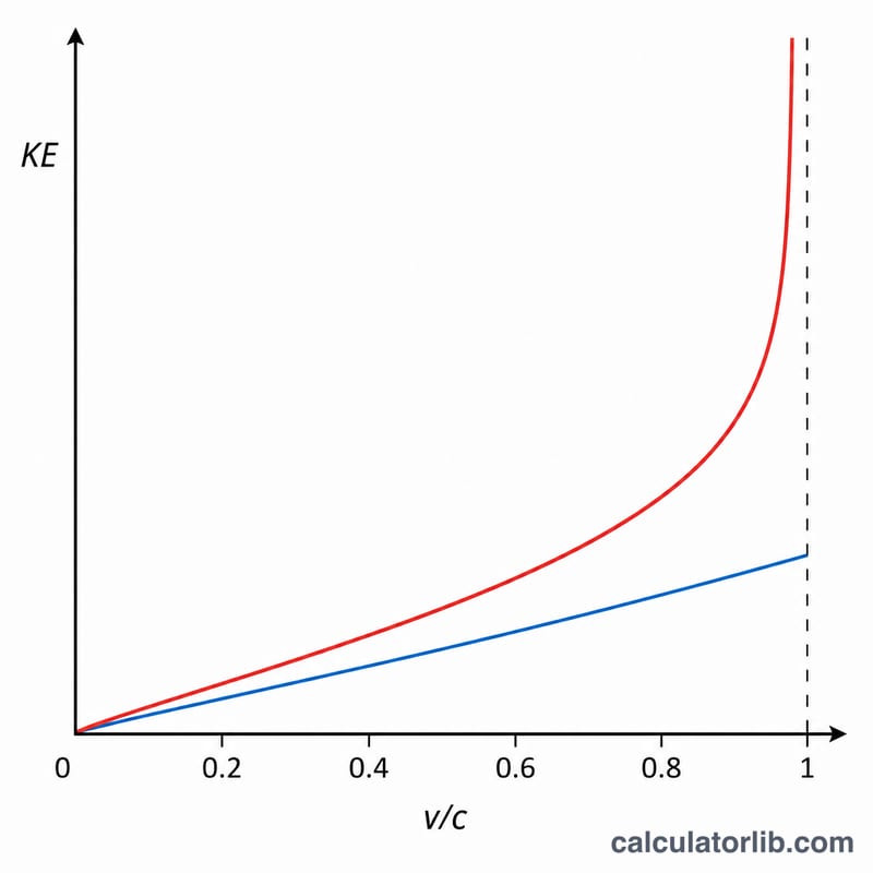 Graph comparing relativistic and classical kinetic energy versus velocity fraction