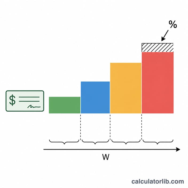 Diagram showing a paycheck split into progressive tax brackets with a base tax plus a marginal rate applied to wages above the bracket floor
