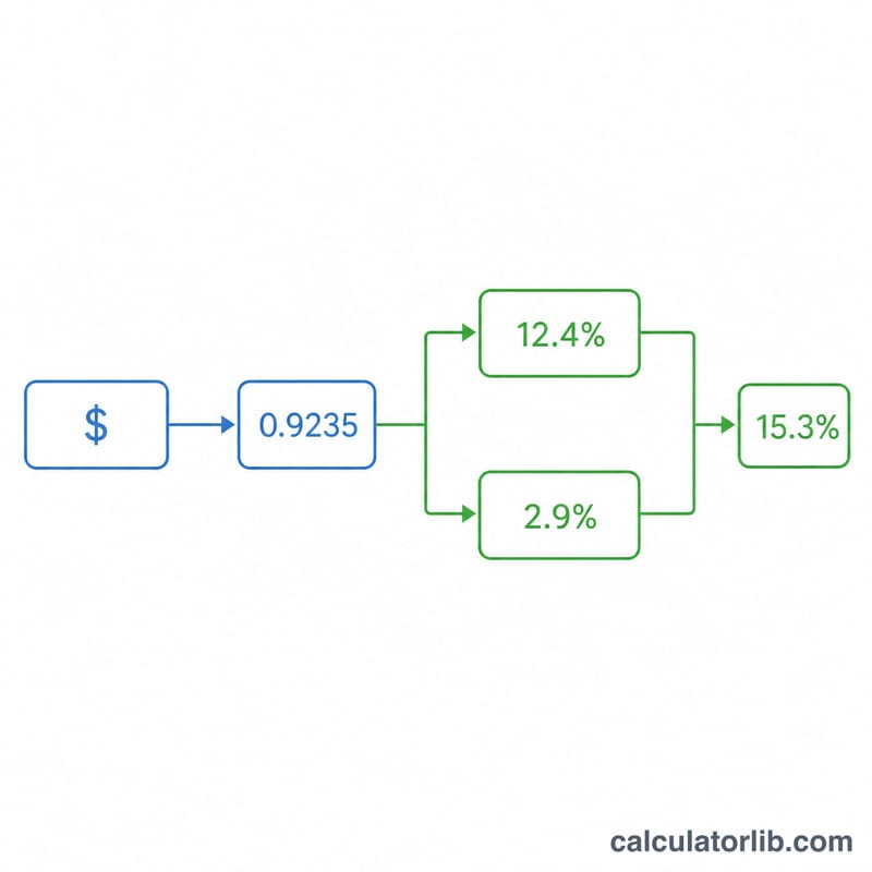 Flowchart showing net profit reduced to 92.35%, then split into Social Security and Medicare portions