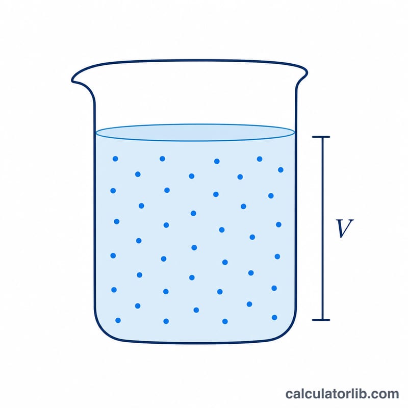 Diagram of dissolved solute particles spread evenly in a volume of solvent inside a beaker