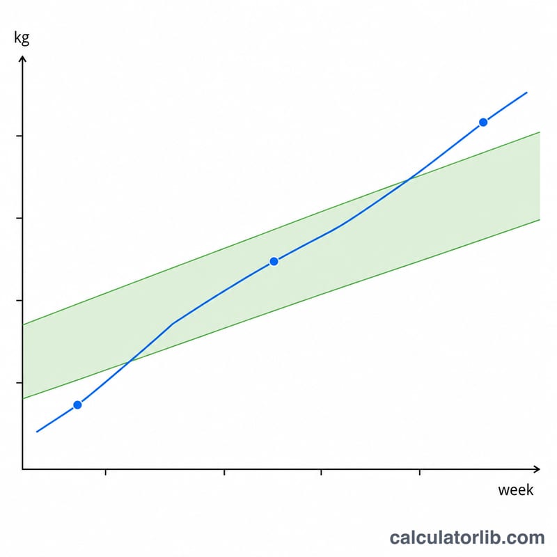 Line graph showing a recommended weight gain band rising over weeks of pregnancy with an actual weight line plotted against it