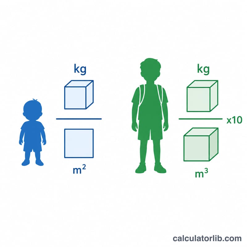 2つの子どもの年齢層について、体重÷身長の2乗と体重÷身長の3乗を示す2つの並んだ計算式の図