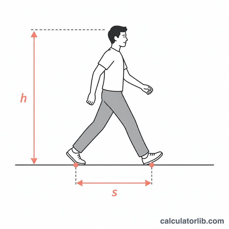 Walking figure showing stride length distance between footsteps and body height