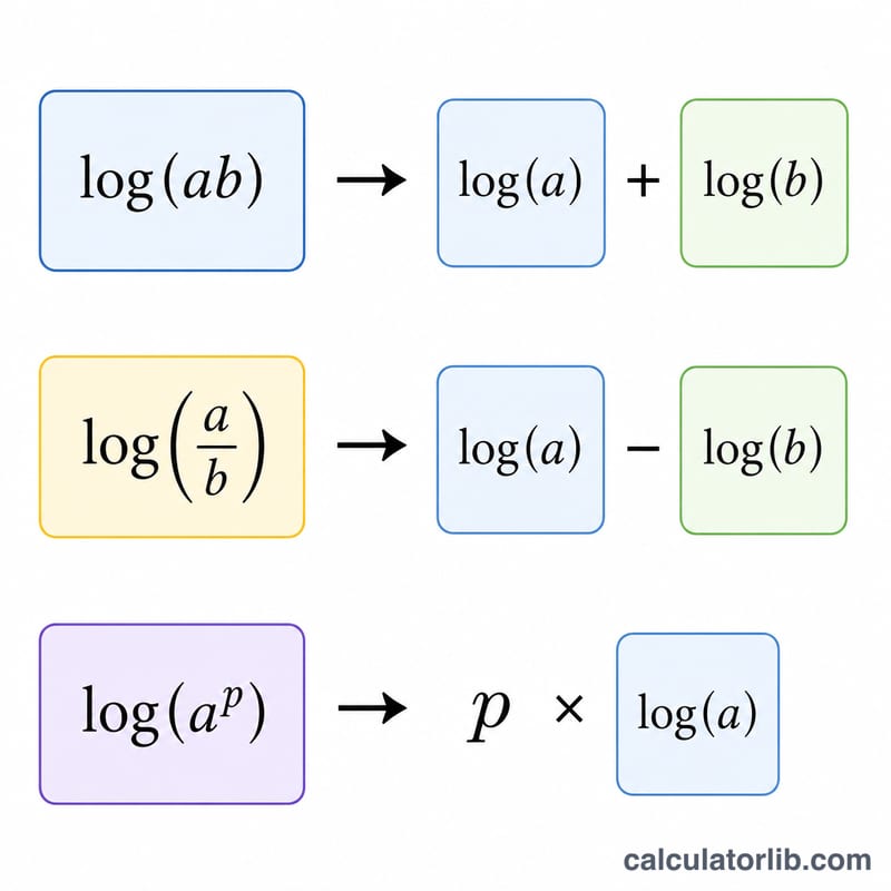 Three logarithm rules: product becomes sum, quotient becomes difference, power becomes coefficient