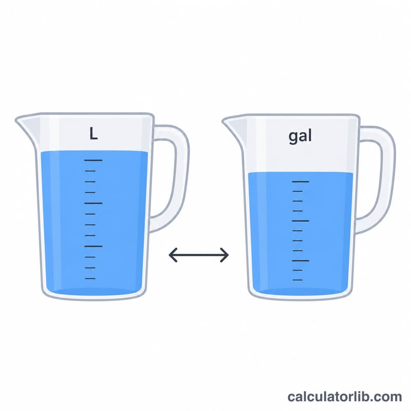 A liter jug next to a larger gallon jug connected by a conversion arrow