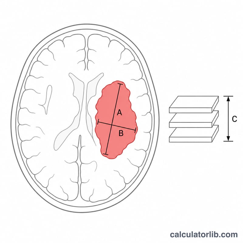 Brain CT slice showing an ellipsoid hemorrhage with three perpendicular axes A, B, and C labeled