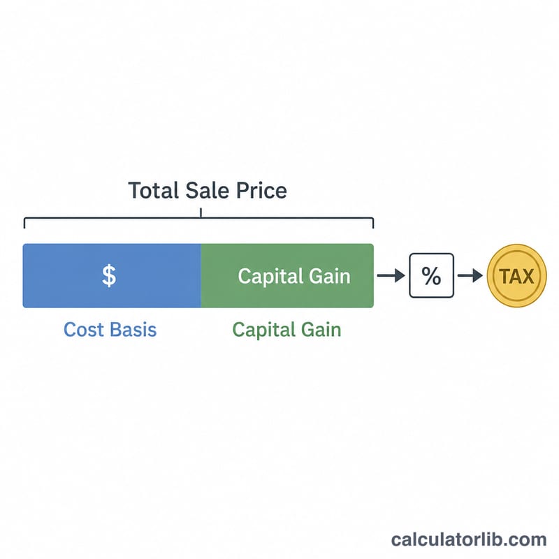 Bar split into cost basis and capital gain, with the gain multiplied by a rate to give tax