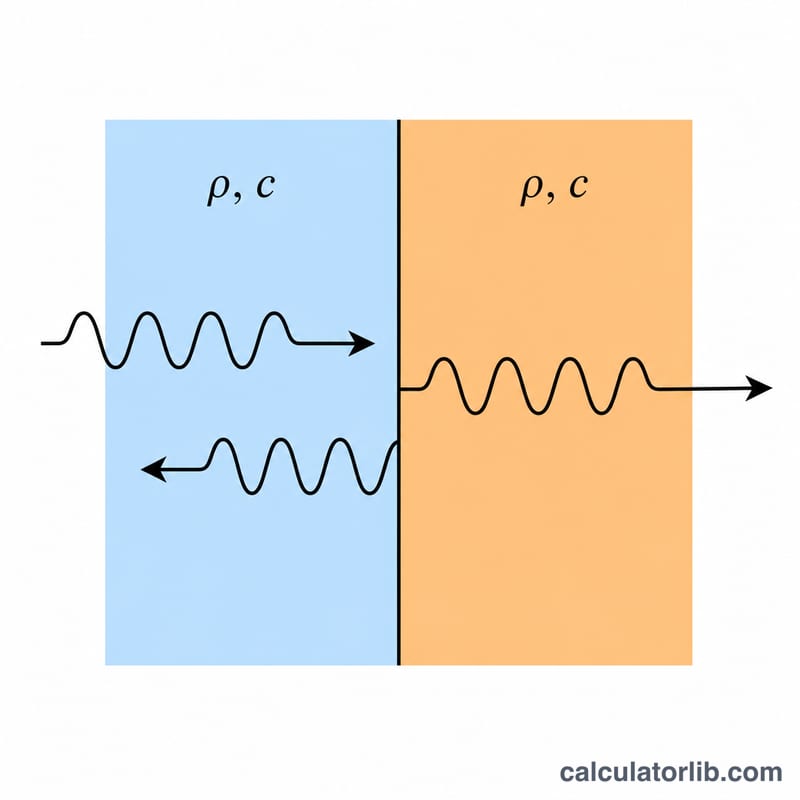 Sound wave passing through two materials with different acoustic impedance, showing partial reflection at the boundary