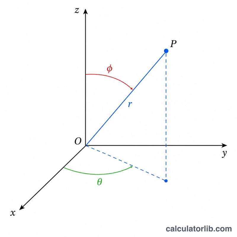 3D diagram showing a point in spherical coordinates with radius r, polar angle phi from the z-axis, and azimuth angle theta in the xy-plane