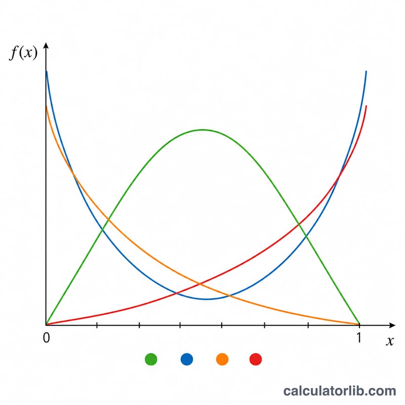 Beta distribution probability density curves for several shape parameter pairs on the interval 0 to 1