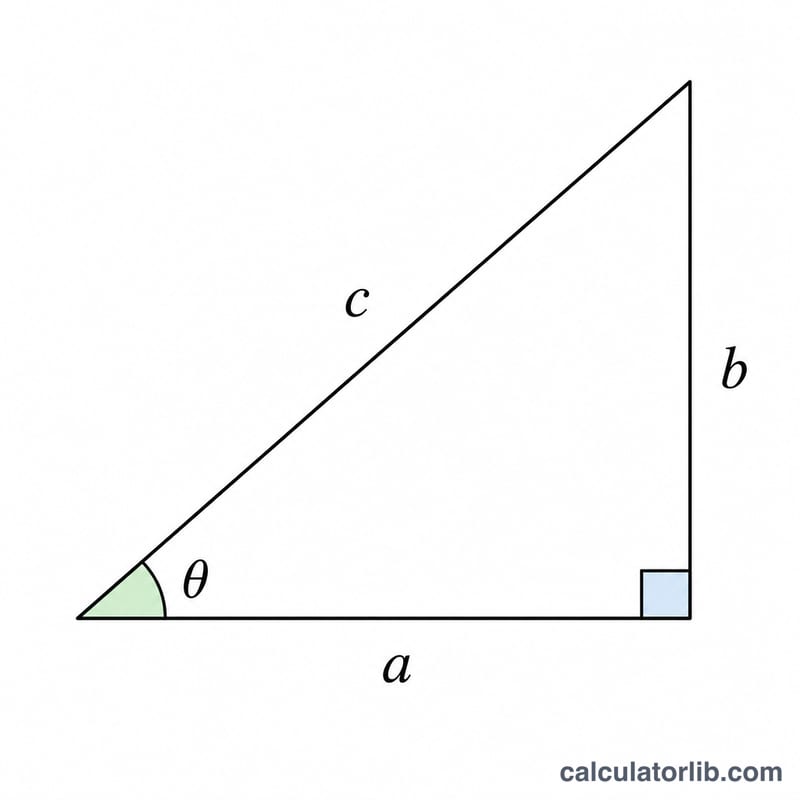 Right triangle with base a, height b, hypotenuse c, and slope angle theta at the base